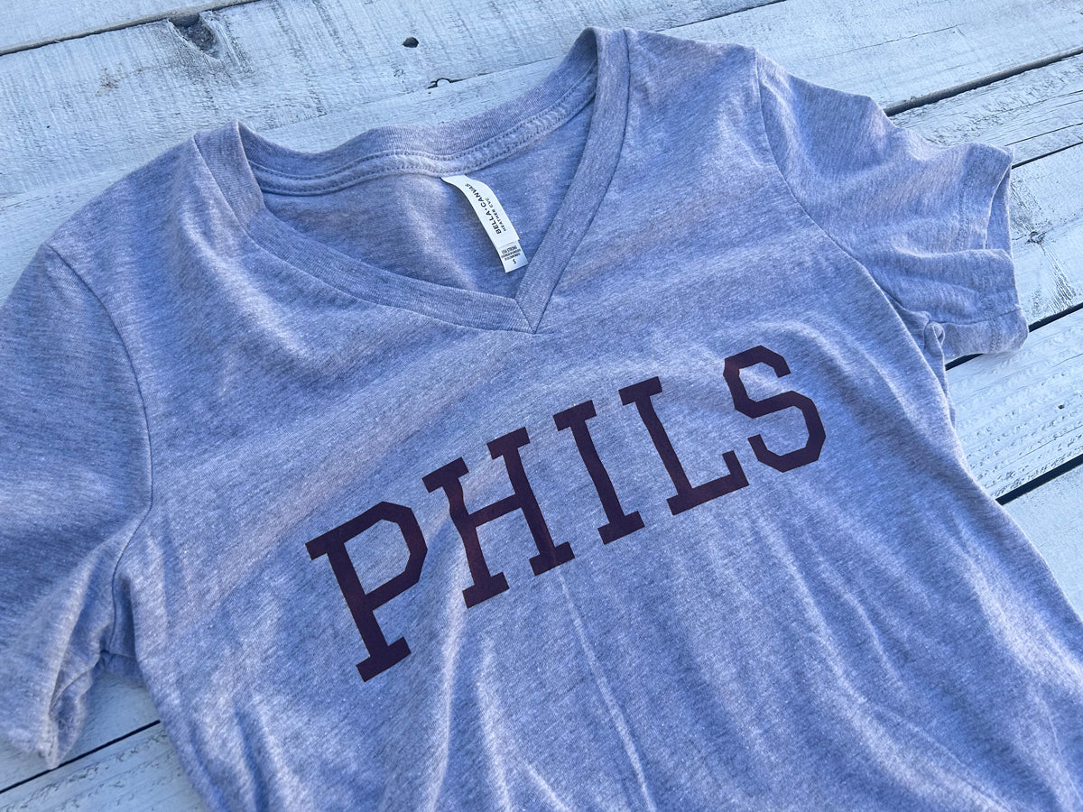 Phils Text Ladies V Neck Grey