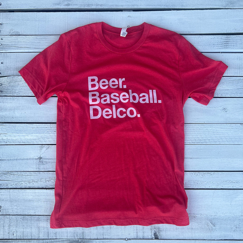 Beer. Baseball. Delco. Red