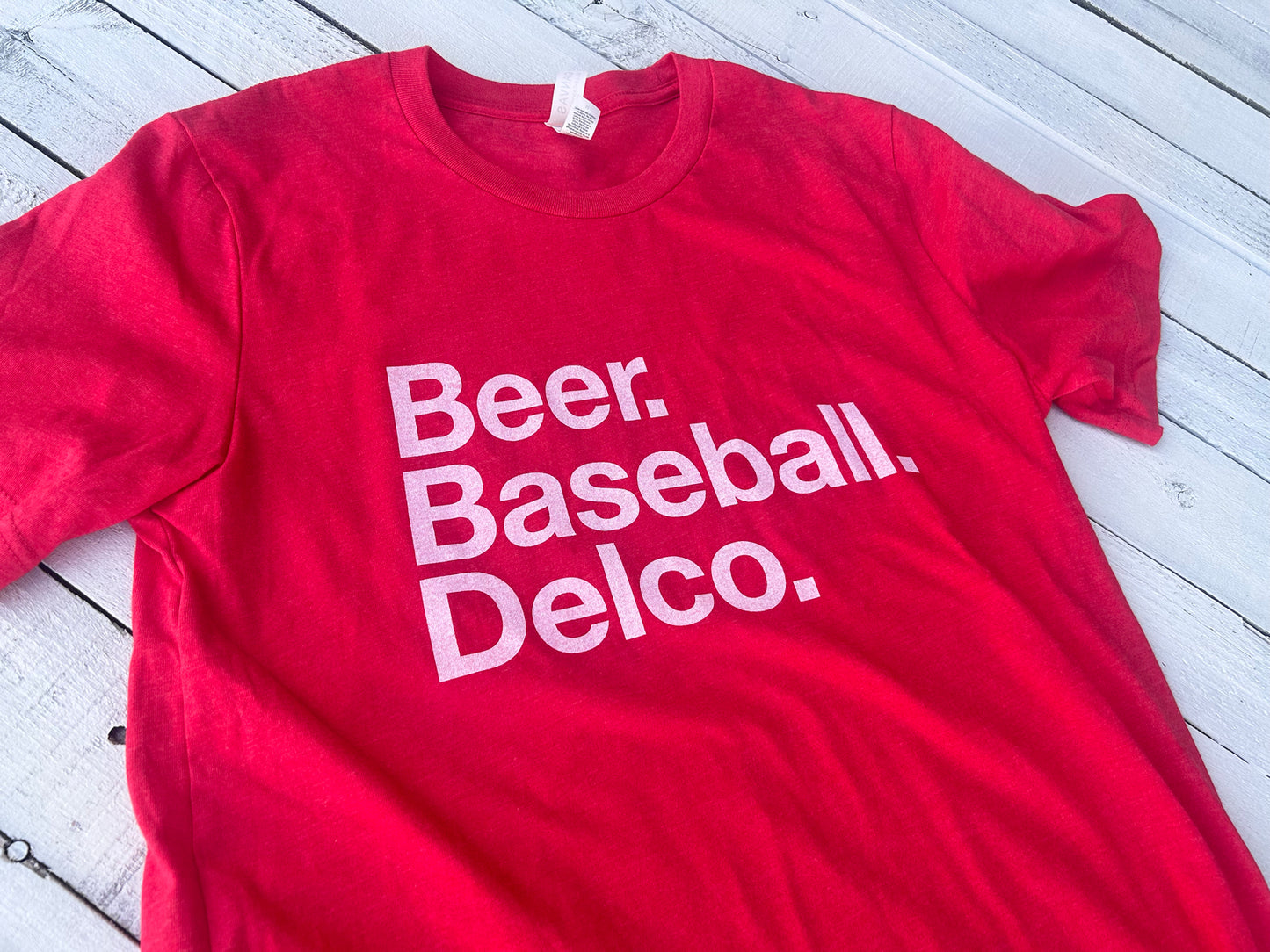 Beer. Baseball. Delco. Red