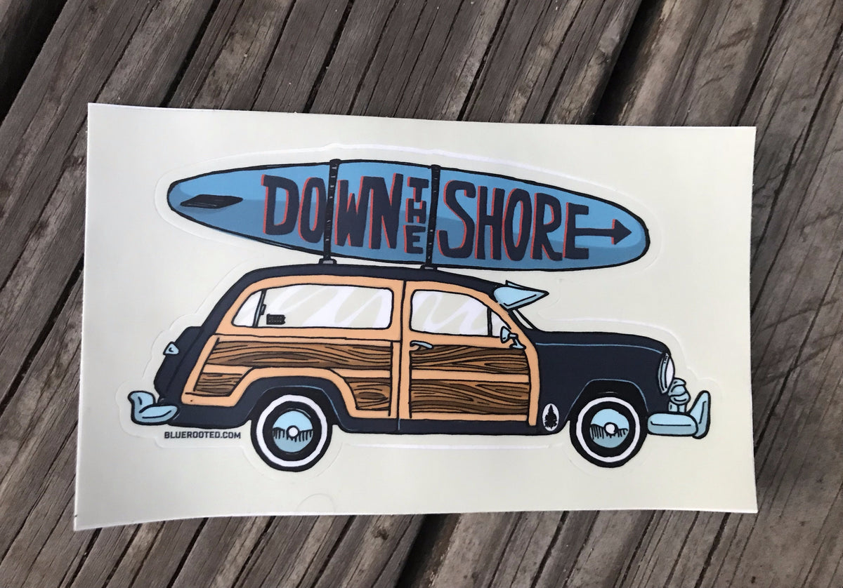 Down The Shore Woodie Sticker – Blue Rooted